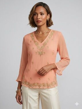 VTG Edward Silk Embroidered Sheer Blouse Peach Gold Floral Size M.